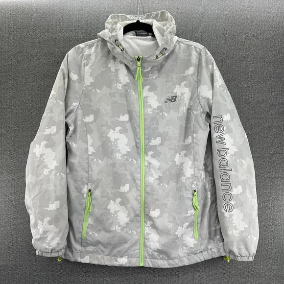 New Balance Hooded Gray Camo Windbreaker‎ Lightweight Full Zip Jacket Women's M - Picture 1 of 10